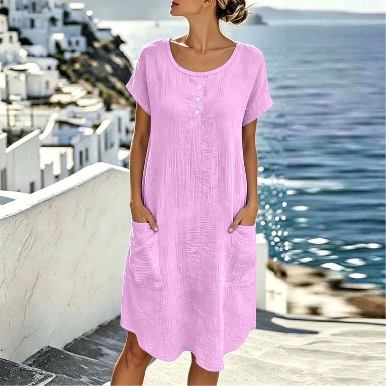 lightweight summer dresses with short sleeves Yteetum Summer Dresses for Women Short Sleeve Crewneck Button Down Shirt Dresses Sundress Casual Solid Round Neck Loose Fits Lightweight Comfy Travel