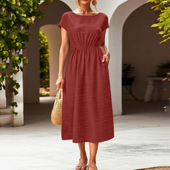 Yteetum Summer Dresses for Women Short Sleeve Crewneck Elastic Waist Maxi Dresses Casual Solid Round Neck Loose Lightwieght Comfy Travel Vacation Dress