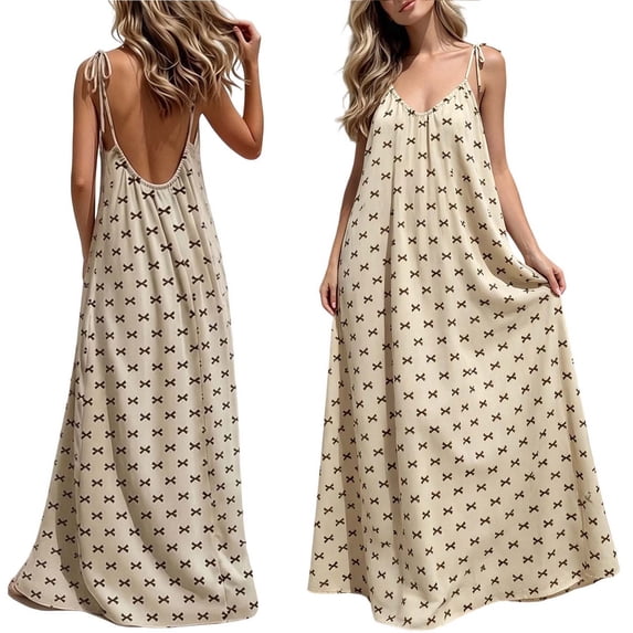 Yteetum Summer Dresses for Women Sleeveless Boho Print Tie Shoulder Spaghetti Strap Backless Cami Dresses Sundress Casual Solid Loose Comfy Travel Vacation Beach Dress