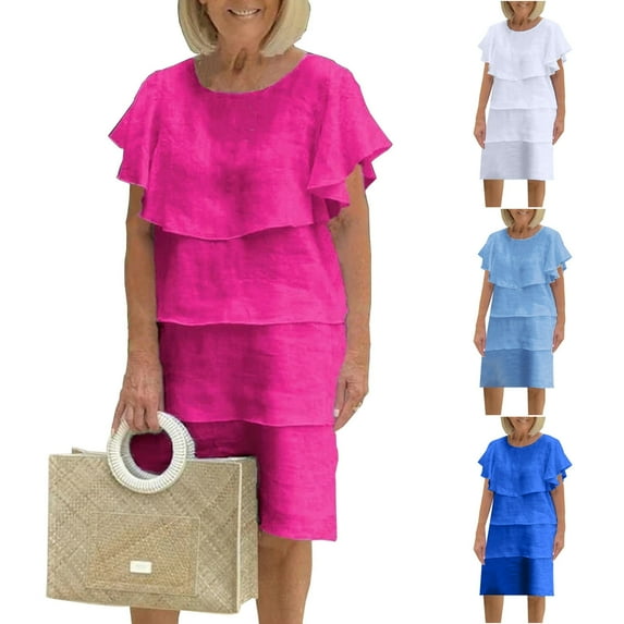 Yteetum Summer Dresses for Women Casual Solid Color Shawl Round Neck Multi Layered Crew Neck Dresses