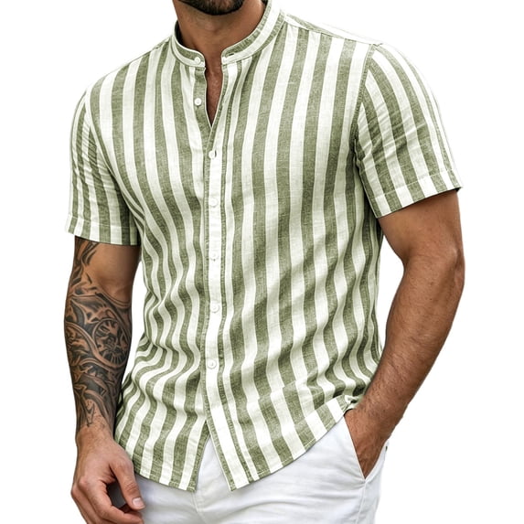 Yteetum Summer Mens Shirts Collar Neck Short Sleeve Button Down Tops Casual Striped Printed Lightweight Comfy Vacation Travel T Shirts