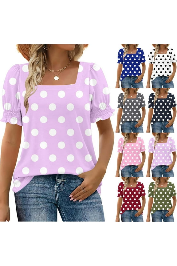 Summer T Shirts for Women Polka Dot Printed Square Neck Short Sleeve Shirts Casual Loose Comfortable Lightweight Square Collar T-Shirts Tops Summer Deal