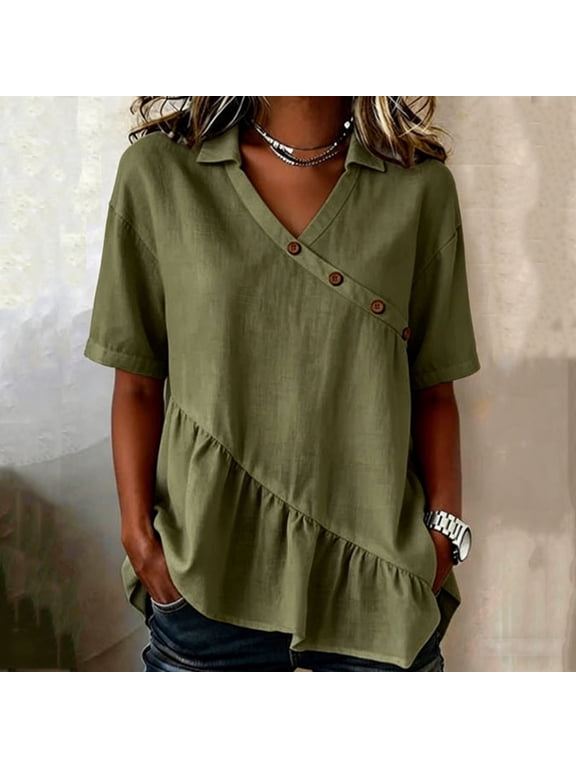 Summer Tops for Women Oversized Short Sleeve V Neck Cotton Linen Shirts Casual Solid Loose Fits Lightweight Comy T Shirts