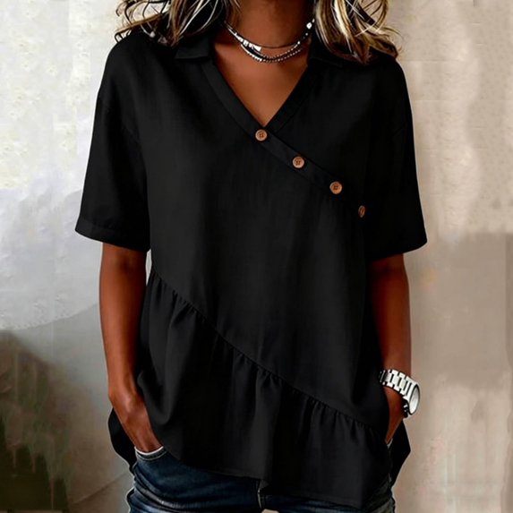 Yteetum Summer Tops for Women Oversized Short Sleeve V Neck Cotton Linen Shirts Casual Solid Loose Fits Lightweight Comy T Shirts