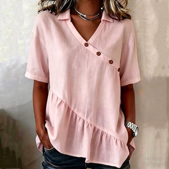 Yteetum Summer Tops for Women Oversized Short Sleeve V Neck Cotton Linen Shirts Casual Solid Loose Fits Lightweight Comy T Shirts