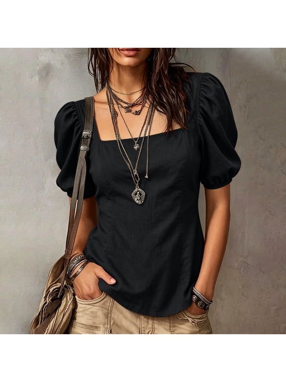 Summer Tops for Women Puff Short Sleeve Square Neck Blouse Womens Casual Solid U Neck Loose Fits Lightweight Comfy T Shirts