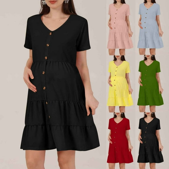 Yteetum Summer Women Maternity Breastfeeding Dress Pregnant Women V-Neck Short Sleeve Button Pleated Dresses Ladies Casual Solid Color Comfortable Nursing Dresses