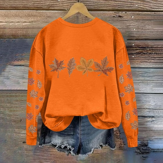 Yteetum Sweatshirt for Women Maple Leaf Print Crewneck Long Sleeve Sweatshirt Pullover Tops Womens Casual Leaf Printed Round Neck Lightweight Loose Soft Oversized Hoodless Sweatshirts Fall Fashion