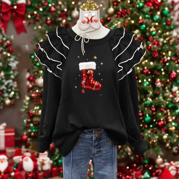 Yteetum Sweatshirt for Women Oversized Crewneck Merry Christmas Pleated Ruffle Trim Drop Shoulder Pullover Hoodless Sweatshirts Womens Casual Round Neck Loose Lantern Sleeve Xmas Holiday Sweatshirts