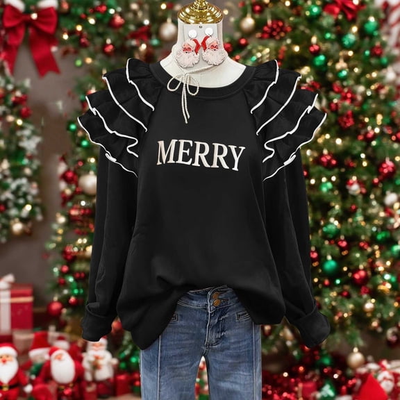 Yteetum Sweatshirt for Women Oversized Crewneck Merry Christmas Pleated Ruffle Trim Drop Shoulder Pullover Hoodless Sweatshirts Womens Casual Round Neck Loose Lantern Sleeve Xmas Holiday Sweatshirts