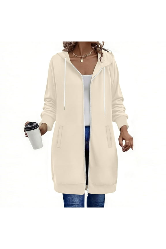 Sweatshirts Hoodies for Women Drawstring Zip up Fleece Long Hoodie Jackets Outwear Womens Casual Solid Oversized Zipper Loose Fits Long Sleeve Long Length Pockets Hooded Sweatshirt Fall Coats