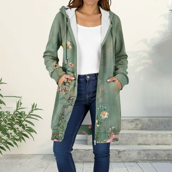 Yteetum Sweatshirts Hoodies for Women Zip up Fleece Print Mid Length Hooded Jackets Coats Womens Casual Zipper Printed Oversize Loose Fits Fleece Long Sleeve Long Fall Hood Jackets Outwear