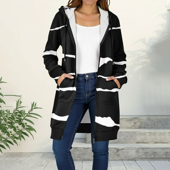 Yteetum Sweatshirts Hoodies for Women Zip up Fleece Print Mid Length Hooded Jackets Coats Womens Casual Zipper Printed Oversize Loose Fits Fleece Long Sleeve Long Fall Hood Jackets Outwear