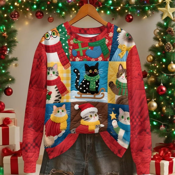 Yteetum Sweatshirts for Women Christmas Oversize Crew Neck Fleece Linen Hoodies Sweatshirt Coat Womens Casual Christmas Graphic Print Round Neck Loose Long Sleeve Pulover Hooded Sweatshirts Outwear