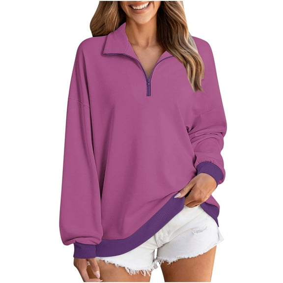 Yteetum Sweatshirts for Women Oversize Quarter Zip Fleece Stand Up Collar Pullover Hoodless Sweatshirt Top Womens Casual Solid Half Zip Stylish Loose Fits Long Sleeve Lapel Sweatshirts with Pockets