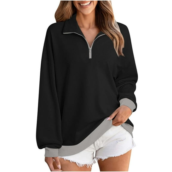 Yteetum Sweatshirts for Women Oversize Quarter Zip Fleece Stand Up Collar Pullover Hoodless Sweatshirt Top Womens Casual Solid Half Zip Stylish Loose Fits Long Sleeve Lapel Sweatshirts with Pockets