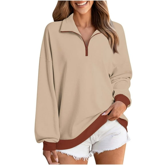 Yteetum Sweatshirts for Women Oversize Quarter Zip Fleece Stand Up Collar Pullover Hoodless Sweatshirt Top Womens Casual Solid Half Zip Stylish Loose Fits Long Sleeve Lapel Sweatshirts with Pockets