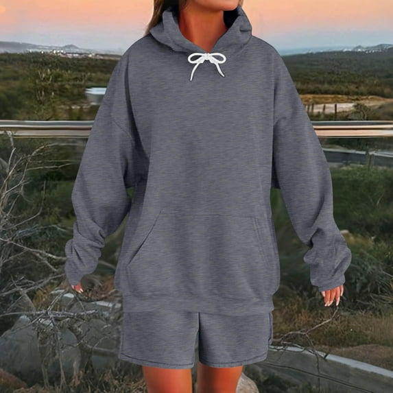 Yteetum Sweatsuits for Women 2 Piece Outfits Set Oversized Solid Loose Long Sleeved Pullover Hoodies Sweatshirts and Shorts Two Piece Sets Drawstring Hoodie Sweatshirt Lounge Short Matching Tracksuit