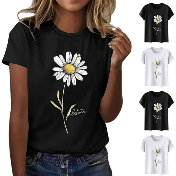 Yteetum T Shirts for Women Crew Neck Tees Ladies Trendy Summer Tunic Tops Short Sleeve Graphic Print Loose Round Neck Tees Shirts