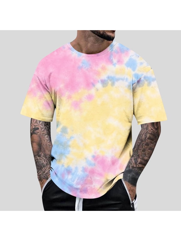 Tie Dye T Shirts for Men Oversized Crew Neck Cotton Short Sleeve Shirts Pullover Top Mens Casual Round Neck Plus Size Loose Fits Comfy Summer Tee Shirt