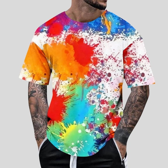 Yteetum Tie Dye T Shirts for Men Oversized Crew Neck Cotton Short Sleeve Shirts Pullover Top Mens Casual Round Neck Plus Size Loose Fits Comfy Summer Tee Shirt