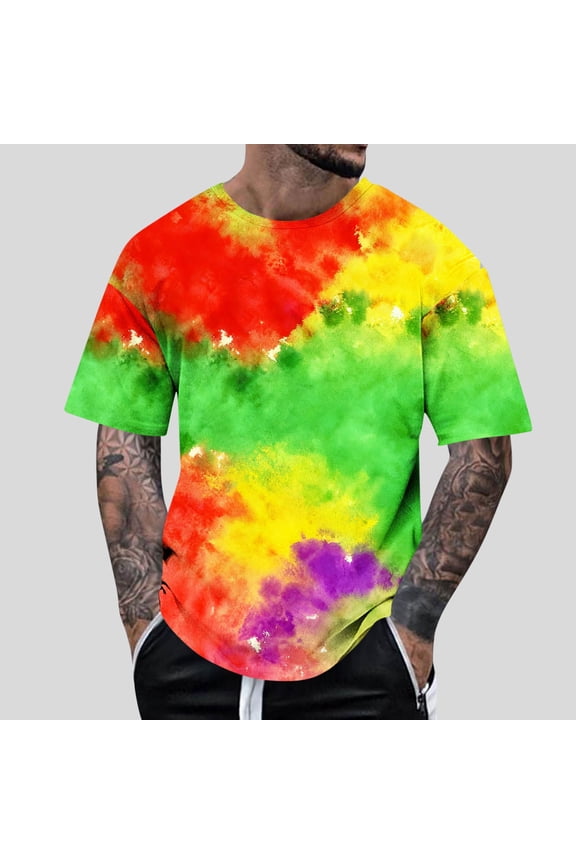 Tie Dye T Shirts for Men Oversized Crew Neck Cotton Short Sleeve Shirts Pullover Top Mens Casual Round Neck Plus Size Loose Fits Comfy Summer Tee Shirt