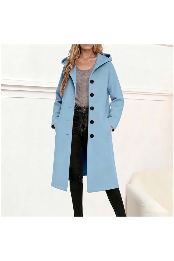Trench Coat Women Single Breasted Notched Lapel Collar Pea Coats Outwear Womens Casual Solid Turndown Collar Long Sleeved Button Hooded Coat Woolen Wool Blend Jacket Fall Winter Clothes