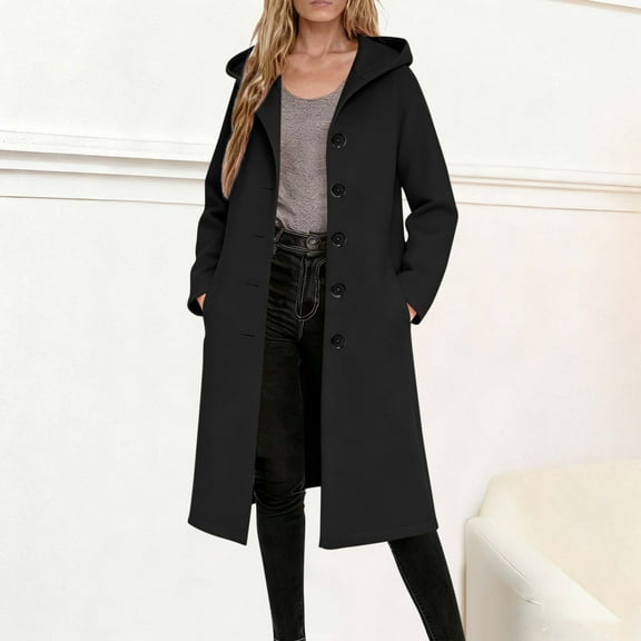 Yteetum Trench Coat Women Single Breasted Notched Lapel Collar Pea Coats Winter Button Down Wool Coats Outwear Womens Casual Solid Turndown Collar Long Sleeved Hooded Coats Woolen Wool Blend Jackets