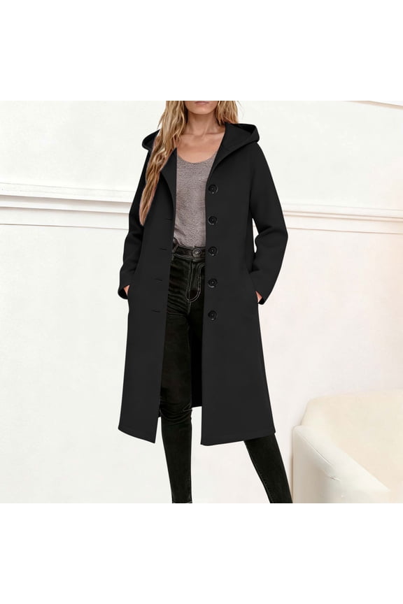 Trench Coat Women Single Breasted Notched Lapel Collar Pea Coats Winter Button Down Wool Coats Outwear Womens Casual Solid Turndown Collar Long Sleeved Hooded Coats Woolen Wool Blend Jackets