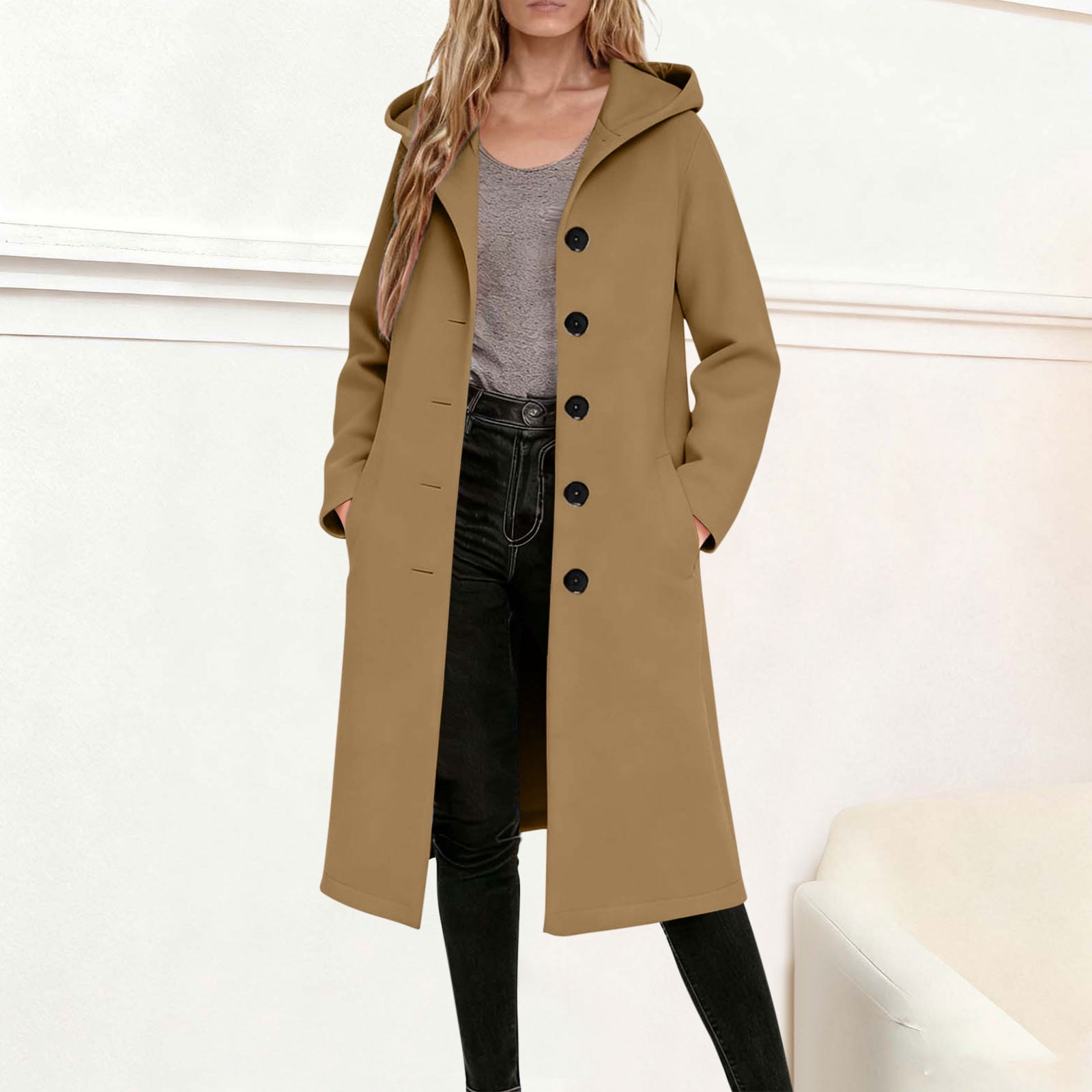 Trench Coat Women Single Breasted Notched Lapel Collar Pea Coats Winter Button Down Wool Coats Outwear Womens Casual Solid Turndown Collar Long Sleeved Hooded Coats Woolen Wool Blend Jackets