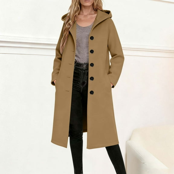 Yteetum Trench Coat Women Single Breasted Notched Lapel Collar Pea Coats Winter Button Down Wool Coats Outwear Womens Casual Solid Turndown Collar Long Sleeved Hooded Coats Woolen Wool Blend Jackets