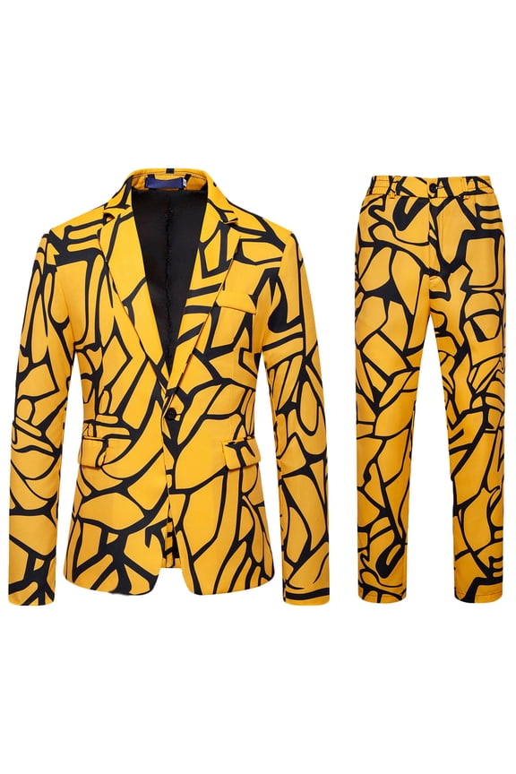 Tuxedo Suits for Men 2PC Lapel Single Breasted Button Printed Dress Suit Sets Men's Turndown Regular Fits Floral Print Blazers and Pant 2 Piece Set Wedding Business Performance Prom Dress Set