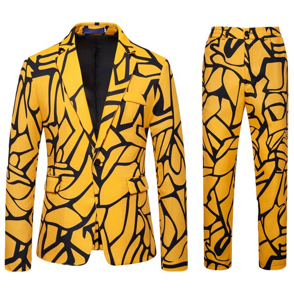 Yteetum Tuxedo Suits for Men 2PC Lapel Single Breasted Button Printed Dress Suit Sets Men's Turndown Regular Fits Floral Print Blazers and Pant 2 Piece Set Wedding Business Performance Prom Dress Set