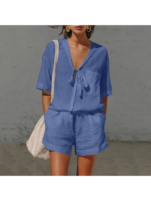 Two Piece Linen Sets for Women Summer Tie Front Short Sleeve Tops and Shorts Beach Vacation Outfits Set Casual Solid Loose Lightweight Breathable Lounge Set 2 Piece