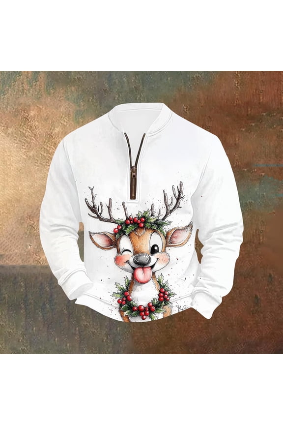 Ugly Christmas Sweatshirts for Men Oversized Quarter Zip Stand Collar Pullover Hoodless Sweatshirts Mens Casual 1/4 Zipper Vintage Xmas Graphic Print Long Sleeve Sweatshirts Christmas Gift