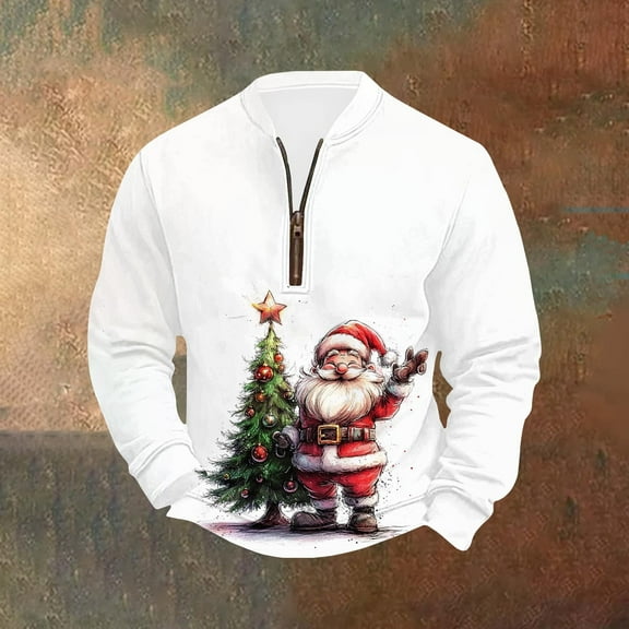 Yteetum Ugly Christmas Sweatshirts for Men Oversized Quarter Zip Stand Collar Pullover Hoodless Sweatshirts Mens Casual 1/4 Zipper Vintage Xmas Graphic Print Long Sleeve Sweatshirts Christmas Gift