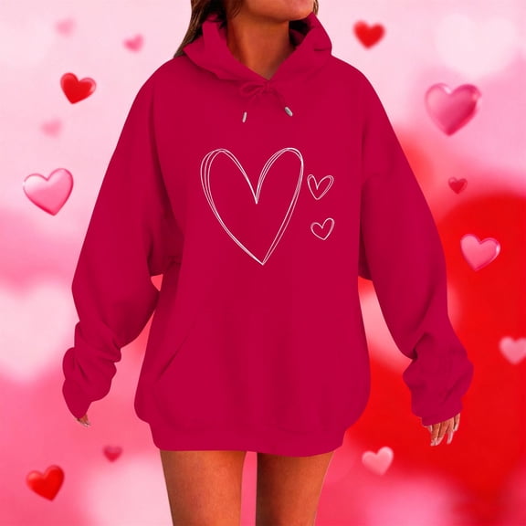 Yteetum Valentine Gift Woem's Valentines Heart Print Hoodies Plus Size Drawstring Hooded Sweatshirt Top Womens Casual Solid Overszied Graphic Printed Loose Comfy Hood Fall Spring Clothes