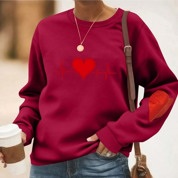 Yteetum Valentine Gifts Sweatshirts for Women Oversized Crewneck Valentine's Day Heart Graphic Print Hoodless Sweatshirt Womens Casual Plus Size Round Neck Loose Comfy Sweatshirt Fall Spring Clothes