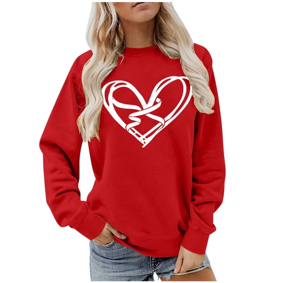 Yteetum Valentine Gifts Women's Valentine's Day Sweatshirts Plus Size Crewneck Heart Graphic Print Hoodless Sweatshirt Womens Casual Oversized Round Neck Loose Comfy Sweatshirt Fall Spring Clothes