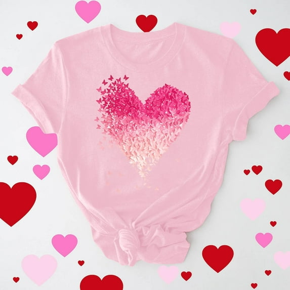 Yteetum Valentine Gifts Women's Valentine's Day T Shirts Oversized Crewneck Valentines Graphic Print Short Sleeve Shirt Womens Casual Solid Round Neck Plus Size Loose Fits Tee Top Summer Clothes