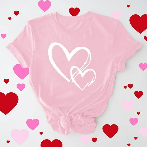 Yteetum Valentine Gifts Women's Valentine's Day T Shirts Oversized Crewneck Valentines Graphic Print Short Sleeve Shirt Womens Casual Solid Round Neck Plus Size Loose Fits Tee Top Summer Clothes