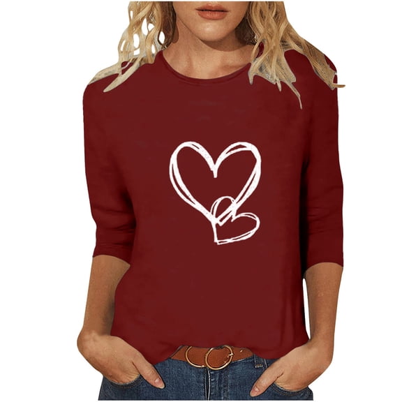 Yteetum Valentine's Day 3/4 Sleeve Tops for Women Oversized Crewneck Valentines Graphic Print Short Sleeve T Shirt Womens Casual Solid Round Neck Loose Comfy Three Quarter Sleeve Shirt Spring Clothes