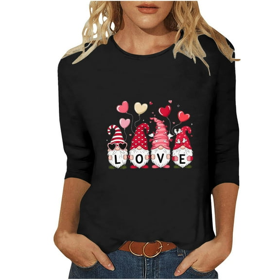 Yteetum Valentine's Day 3/4 Sleeve Tops for Women Oversized Crewneck Valentines Graphic Print Short Sleeve T Shirt Womens Casual Solid Round Neck Loose Comfy Three Quarter Sleeve Shirt Spring Clothes