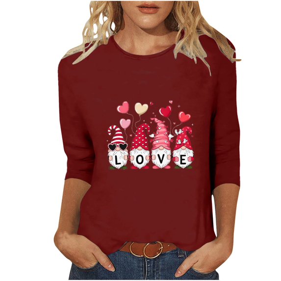 Yteetum Valentine's Day 3/4 Sleeve Tops for Women Oversized Crewneck Valentines Graphic Print Short Sleeve T Shirt Womens Casual Solid Round Neck Loose Comfy Three Quarter Sleeve Shirt Spring Clothes