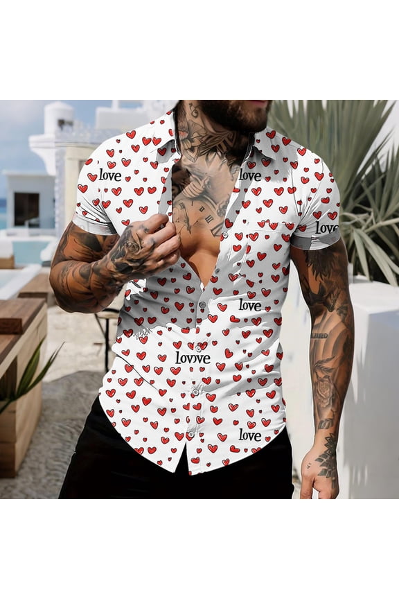Valentine's Day Gifts Men's Lapel Short Sleeve Button Down Shirts Oversized Valentines Print T Shirts Top Mens Casual Turndown Collar Loose Comfy Summer Button Blouse Hawaiian Beach Shirt