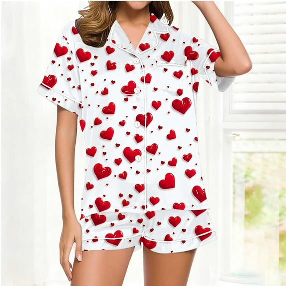 Yteetum Valentine's Day Gifts Women's Valentines Pajama Sets Plus Size Notch Collar Button Down Valentine Heart Print Short Sleeve T Shirt and Pjs Shorts 2PC Matching Set 2 Piece Summer Loungewear