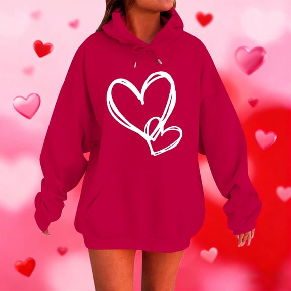 Yteetum Valentine's Day Hoodie for Women Oversized Valentines Heart Print Drawstring Hooded Sweatshirt Top Womens Casual Solid Plus Size Graphic Printed Loose Comfy Hood Fall Spring Clothes