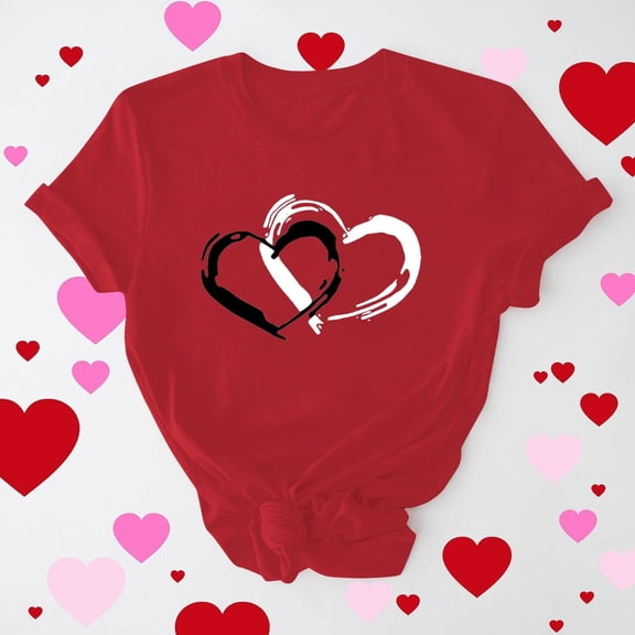Yteetum Valentine's Day Shirts for Women Oversized Crewneck Valentines Heart Graphic Print Short Sleeve T Shirt Womens Casual Solid Summer Round Neck Plus Size Loose Fits Tee Top for Valentine Gifts