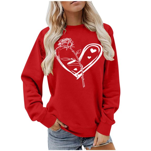 Yteetum Valentine's Day Sweatshirts for Women Oversized Crewneck Valentines Heart Graphic Print Sweatshirt Womens Casual Plus Size Round Neck Loose Comfy Sweatshirt Fall Spring Clothes Valentine Gift
