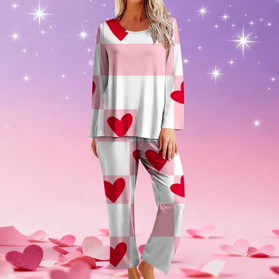 Yteetum Valentine's Gifts Pajamas Set for Women Oversized Crewneck Valentine's Day Loves Heart Graphic Printed Loungewear Matching Set Womens Casual Loose Long Sleeve T Shirt and Pjs Pant 2 Piece Set